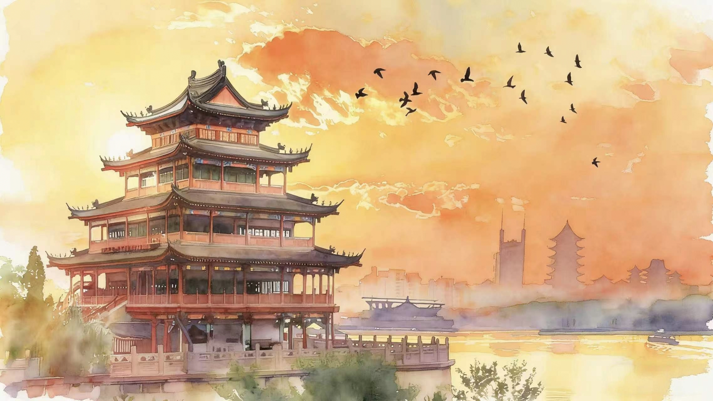 落霞江景